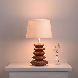 Wood Pebble <b>Table</b> Lamp with Fabric Shade Modern Wooden <b>Bedside</b> Living Room Lamp - Product Image 6
