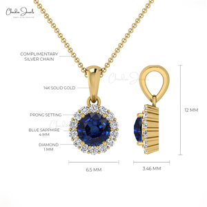 Trendy Products Natural 4mm Round Brilliant Cut Blue Sapphire Diamond Halo <b>Pendant</b> in 14k <b>Solid</b> <b>Gold</b> Custom <b>Pendant</b> Necklace - Product Image 6