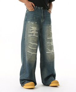Jean en denim pour homme, délavé à l'acide, coupe ample personnalisée, taille mi-haute, respirant, tendance, élégant, décontracté - Product Image 3
