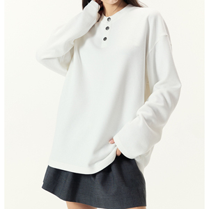 Chemise Henley en coton blanc à manches longues boutonnée pour femme, coupe oversize, tricot gaufré, automne, coupe classique - Product Image 3