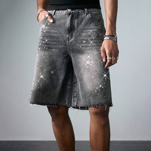 Men Stonewashed Denim Bermuda <b>Shorts</b> Mid Waist <b>Sequined</b> Street Style Woven Cotton Button Fly - Product Image 1