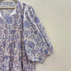 Mini-robe formelle vintage en coton 100% naturel, imprimée à la main, faite à la main, écologique, col en V, manches 3/4, ourlet à volants en dentelle, lavable - Product Image 3