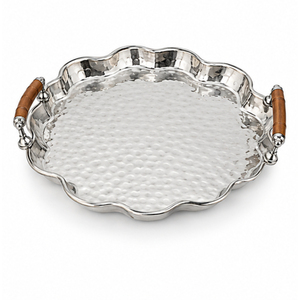 Hammered Metal Serving <b>Tray</b> Set with Golden Floral Handle Design Stainless Steel <b>Round</b> <b>Tray</b> for Hotel Catering Wholesale Price - Product Image 3