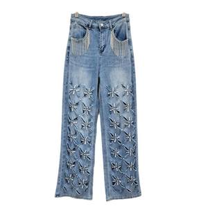 Jean en denim coupe droite pour femme, longueur intégrale, en coton délavé, coupe ample, motif géométrique perlé, style bohème, printemps - Product Image 1