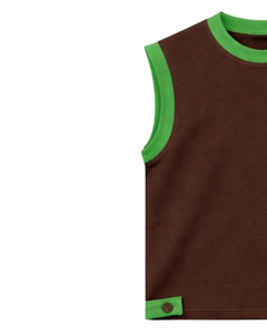 Brown Green Contrast Sleeveless Top And Shorts <b>Set</b> Men Casual Summer Outfit Drawstring Waist Comfortable Cotton Blend SoftFit - Product Image 3