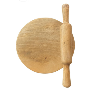 Handmade Light Mango Wood Chakla Belan Set | Natural Finish Roti <b>Rolling</b> <b>Board</b> and <b>Pin</b> | Kitchen & Dining Accessory - Product Image 1