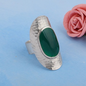 Green Onyx Oval Cabochon Sterling <b>Silver</b> Hammered <b>Ring</b> Gemstone <b>Chunky</b> Bohemia Jewelry Manufacturer Supplier - Product Image 3