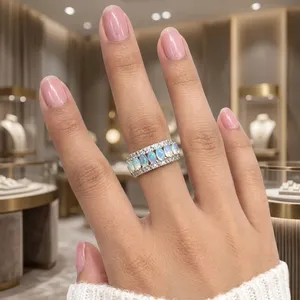 Bague d'éternité ovale en opale, argent sterling, alliances minimalistes, bijoux en pierres précieuses arc-en-ciel - Product Image 3