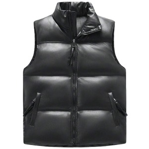 <b>Men's</b> Black Stand Collar PU <b>Leather</b> Padded <b>Vest</b> With Zipper Closure Windproof Casual Winter Outerwear - Product Image 6