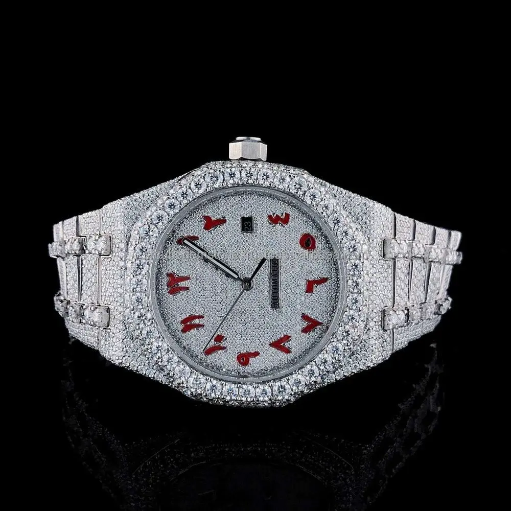 Full Iced Out Moissanite Diamond Stainless Steel White Gold Arabic Font Men Wrist Watch