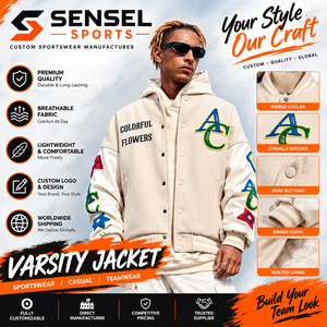 SENSEL SPORTS Blouson universitaire unisexe en molleton de coton, coupe décontractée, avec lettres brodées et écussons en chenille, coupe-vent, grandes tailles - Product Image 1