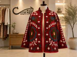 Women's Red Embroidered Floral <b>Pattern</b> Woven <b>Quilted</b> Bomber <b>Jacket</b> Zip-Up Long Sleeve Reversible Design 100% Cotton - Product Image 3