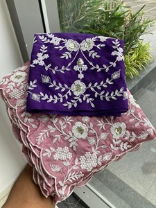 Sari de organza bordado con flores de diseño para mujer |   Sari de Lujo para Fiesta o Boda con Blusa en Contraste |   Sari indio premium - Product Image 6