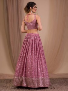 Pink Organza Lehenga Choli Beading <b>Sequins</b> Floral Print Traditional A-Line Floor-Length Bridesmaid Dress Sweetheart Neckline - Product Image 2