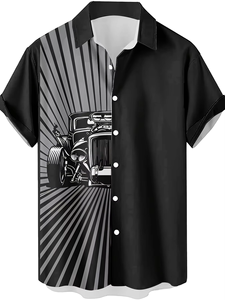 Chemise décontractée à manches courtes pour homme, imprimé géométrique noir et blanc, col rabattu, tissu popeline, vêtements d'été - Product Image 3