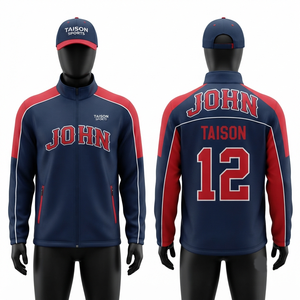 Veste d'entraînement de hockey sur glace imperméable à capuche en polaire interlock polyester 220 GSM de qualité supérieure, avec logo personnalisé et design à panneaux rouge et bleu marine - Product Image 1