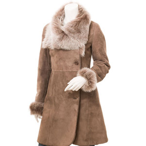 Manteau long élégant en daim pour femme avec col et poignets en fourrure de renard, veste d'hiver coupe-vent à manches longues et fermeture à bouton unique - Product Image 1