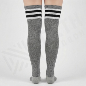 Gray <b>Knee</b> <b>High</b> <b>Socks</b> With Black And White Stripes Knitted Breathable Casual Daily Wear For Adults - Product Image 2