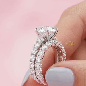Custom 925 <b>Sterling</b> <b>Silver</b> Round Cut VVS1 Moissanite Engagement <b>Ring</b> 2 Piece Bridal Wedding <b>Set</b> with Eternity Band - Product Image 3