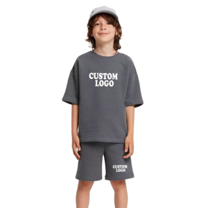 High Quality 2-Piece Summer Clothing Set Custom Logo New Wholesale Kids T-<b>Shirt</b> Shorts Sets <b>Waffle</b> Embroidery Made Cotton - Product Image 6