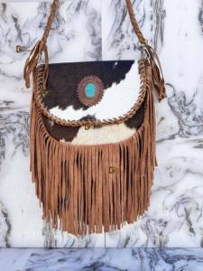 Bolso de Hombro Estilo Occidental con Flecos de Piel de Vaca, Bolsos de Estilo Bohemio con Piedras Turquesas, Bolsos Vintage para Mujer - Product Image 4