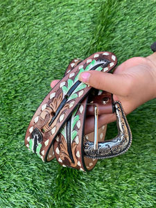 New Arrival Genuine Leather Western Hand Tooled and Hand Painted Floral <b>Belts</b> Real Handmade Tooled Leather Unisex Waist <b>Belts</b> - Product Image 4