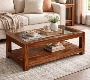 Modern Solid Wood <b>Coffee</b> <b>Table</b> with Glass Top | 2-Tier Wooden Center <b>Table</b> | Jodhpur Export - Product Image 1