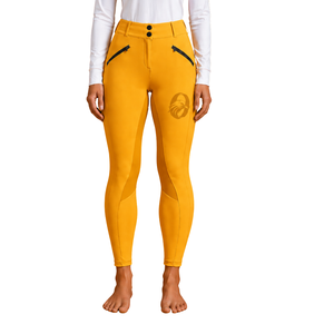 Leggings d'équitation jaune doré pour femmes, taille haute, avec grip en silicone extensible et poches intégrées - Product Image 1