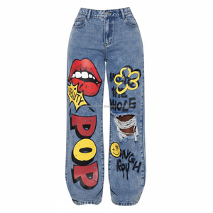 Jeans de mezclilla de punto con gráfico de dibujos animados Y2K, transpirables, rasgados, de corte holgado, cintura alta, para mujer, estilo urbano, casual, lavado de otoño, OEM - Product Image 4