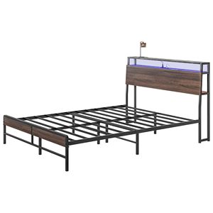 <b>Queen</b> <b>Size</b> Walnut Platform <b>Bed</b> Frame with LED Lights Charging Station Noise Free Headboard with Storage - Product Image 1