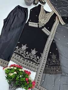 Conjunto de traje Salwar de alta gama para fiestas con Kurti de bordado elaborado, Palazzo y Dupatta de Georgette - Product Image 4