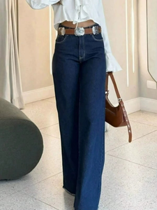 Jeans Anchos de Cintura Alta para Mujer, Azul Oscuro, Estilo Retro, Casual, Verano, Ecológicos, para Uso Diario, Oficina - Product Image 2