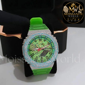 Montre de luxe pour homme Hip Hop, cadran vert, boîtier rond, lunette en moissanite VVS, montre-bracelet analogique-numérique, prix direct usine - Product Image 4