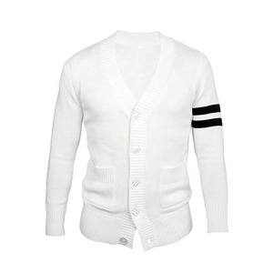 Cárdigan blanco con cuello en V para mujer, estilo preppy de manga larga con bolsillos y detalles de rayas - Product Image 1