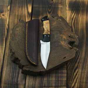 มีดสกินเนอร์สแตนเลส ใบมีดแบบ Fixed Blade ปลายแหลม ยาวรวม 8 นิ้ว ด้ามไม้  บอร์สเตอร์ทำจากเขาสัตว์สีดำ  หนังวัวแท้ - Product Image 5