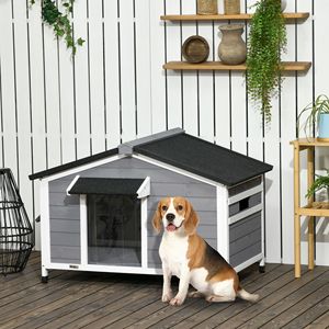 Cuccia per Cani da Esterno Stile Cabina in Legno di Abete Grigio con Tetto Apribile e Finestre Inferiori Rimovibili, Tende e Coperture per Piedi Incluse - Product Image 2