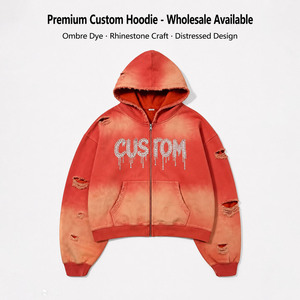 Custom Mens Distressed <b>Zip</b> Up Hoodie Acid Wash 100% Cotton Rhinestone Puff Print Oversized Streetwear OEM - Product Image 2