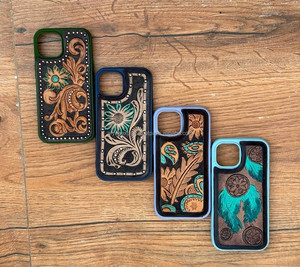 เคสโทรศัพท์หนังลายดอกไม้สำหรับ iPhone 13 14และ15เคสโทรศัพท์ออกแบบได้ตามต้องการใหม่เทอร์ควอยซ์ด้วยมือสไตล์ตะวันตก - Product Image 2