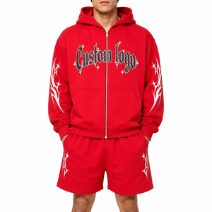 Heavyweight Organic Cotton Sun Fade Hoodie Shorts Set <b>Full</b> <b>Zip</b> <b>Sweatshirt</b> Relaxed Fit Streetwear Two Piece Outfit Custom OEM - Product Image 3