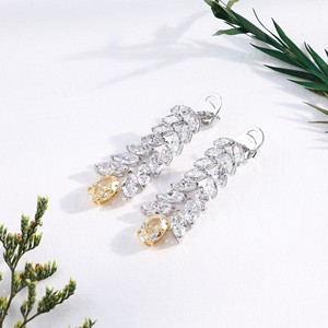 Pendientes Largos de Lujo con Diamantes Cultivados en Laboratorio, Corte Marquesa Ovalado en Amarillo Canario, Diseño de Espiga, para Novias, Aniversarios y Fiestas, Joyería Fina - Product Image 3