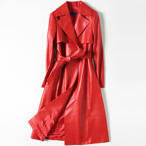 Women's Long Real Leather Trench <b>Coat</b> Embroidered Stand Collar Zipper Closure <b>Thick</b> Casual <b>Winter</b> Breathable Windproof Polyester - Product Image 1