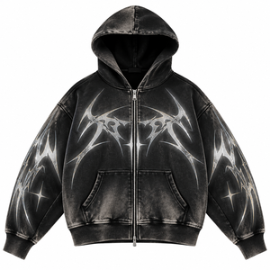 Gothic Print <b>Zip</b>-Up <b>Hoodie</b> Men Oversized Black Fleece Sweatshirt With <b>Pocket</b> Autumn Wear Regular Sleeve French Terry - Product Image 1
