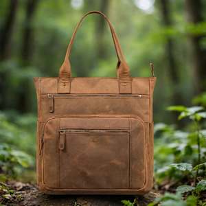 Bolso Tote de Cuero Genuino, Estilo Clásico, Gran Capacidad, Cierre de Cremallera, Unisex, Uso Diario, Color Marrón, Dos Asas - Product Image 1