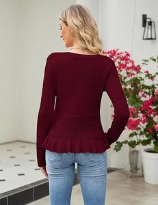 Pull en tricot bordeaux pour femme, col rond, manches longues, ourlet à volants, respirant, style automne - Product Image 1