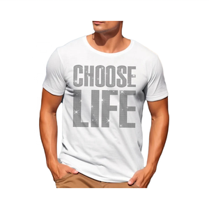 T-shirt blanc à manches courtes pour homme avec imprimé pailleté Choose Life, coupe classique, col rond, jersey décontracté en coton - Product Image 1
