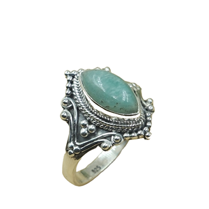 แหวนเงินแท้ 925 วินเทจ ประดับพลอยอะมาโซไนต์ แหวนทำมือสไตล์โบโฮ แหวนประดับพลอยทรงมาร์คีส์ งานฝีมือช่างประดิษฐ์ เหมาะสำหรับเป็นของขวัญ - Product Image 1