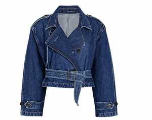 เสื้อแจ็คเก็ตเดนิมผู้หญิง แขนยาว คอปกกว้าง ปิดด้วยเข็มขัด - Product Image 1