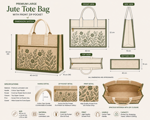 Bolsa de Yute Grande con Diseño Botánico Laminado Premium, Asas Dobles, Bolsillo Frontal con Cremallera, Ecológica, para Bodas y Exposiciones - Product Image 5