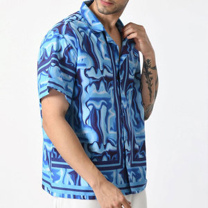 Camisa Hawaiana de Manga Corta para Hombre, Estampado Abstracto Azul, Cuello Camisero, Transpirable, Estilo Vacacional, Verano, Satén Tejido - Product Image 3
