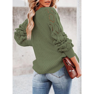 Pull décontracté pour femme en maille ajourée vert olive, anti-boulochage, color-block, épais, col rond, manches classiques, idéal pour l'automne - Product Image 5